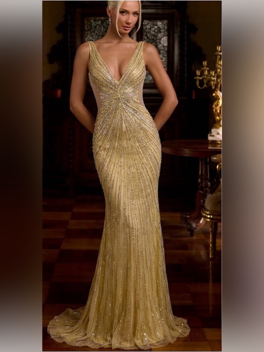 Portia and Scarlet Yellow Gold Rhinestone Crystal Embellished Prom Dress Gown 6